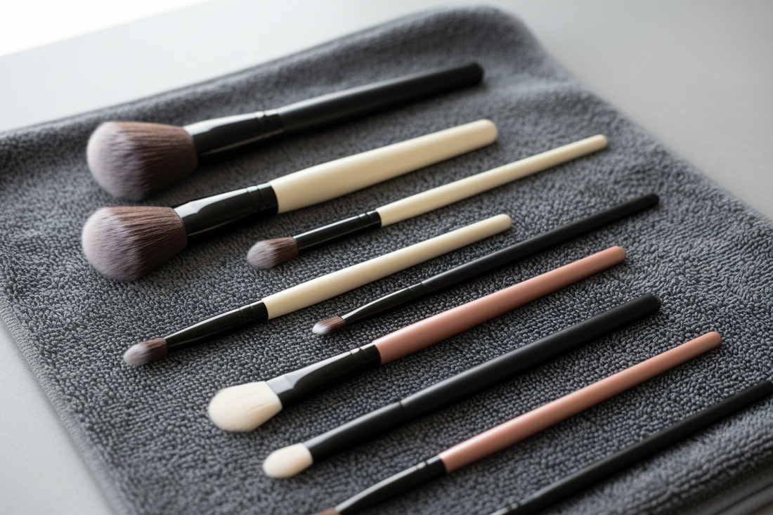 Clean makeup brushes lay flat on a grey towel