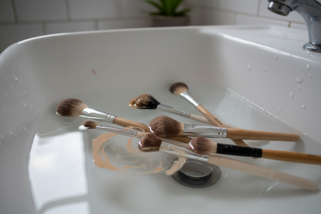 Dirty makeup brushes in a sink full of water