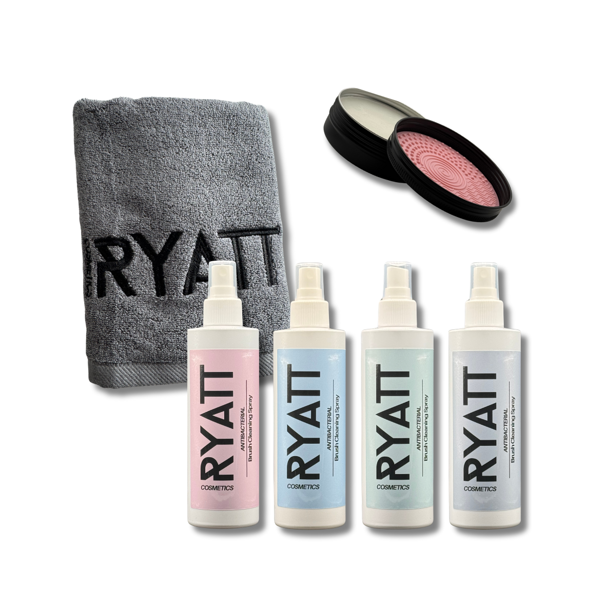 Ryatt Cosmetics Ultimate Brush Cleaning Bundle with Towel, Brush and Sponge Soap and 4 x 250ml Makeup Brush Cleaner Sprays
